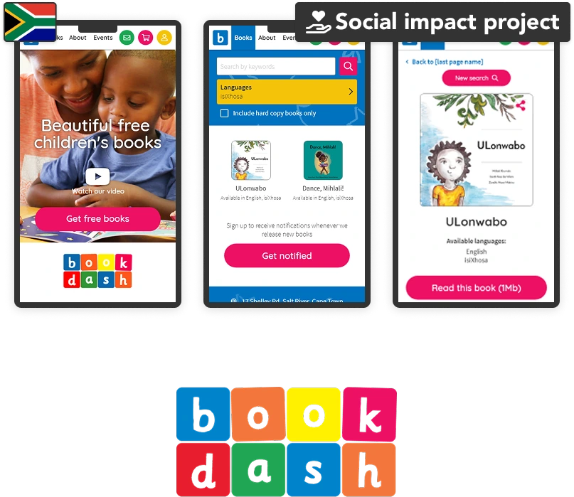 Examples of UI visual design mock-ups for my Book Dash project