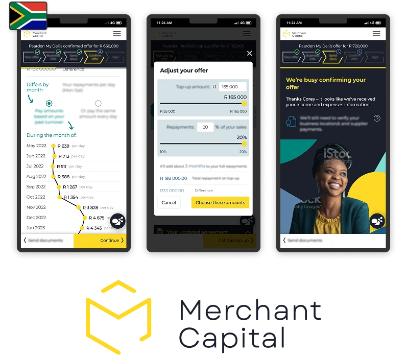 Examples of UI visual design mock-ups for my Merchant Capital project